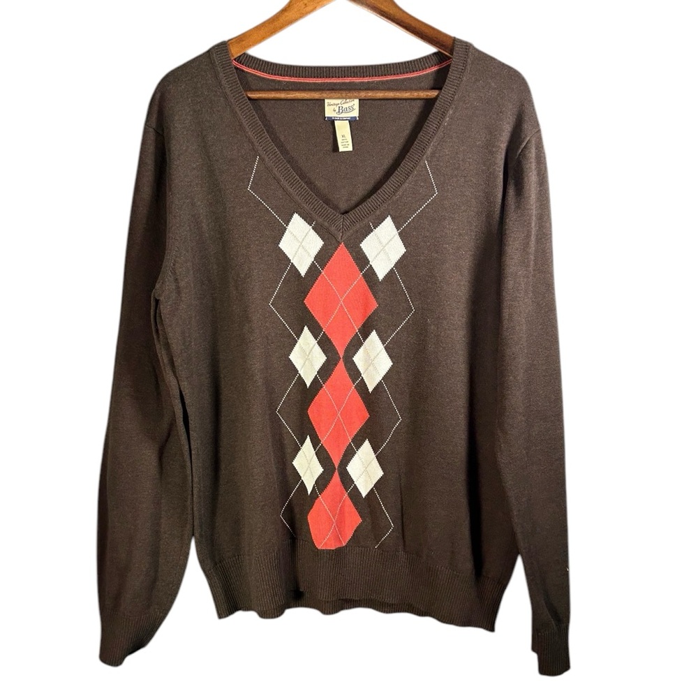 Heritage Collection by Bass Womens Argyle VNeck Pullover XL Brown Sweater Cotton